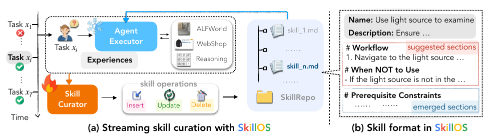 SkillOS 系统总览:(a) 流式技能策展——一串任务顺序到来,冻结的 Agent Executor 从 SkillRepo 检索技能去解题,可训练的 Skill Curator 据执行经验对库做 insert/update/delete;(b) 技能采用 SKILL.md 格式,含 Name/Description 头部 + Workflow / When NOT to Use / Prerequisite Constraints 等正文小节